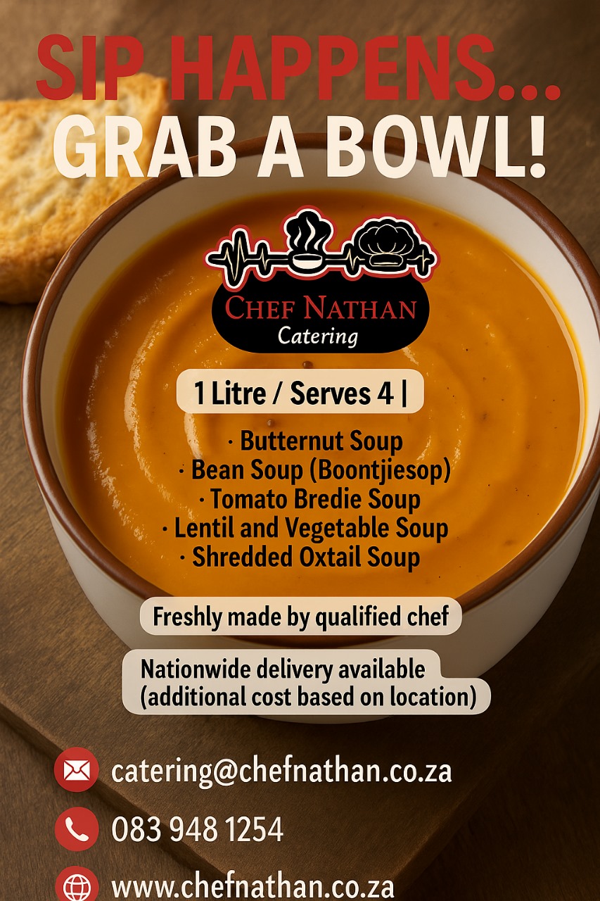Chef Nathan’s 1-liter homemade soup selection – Butternut, Bean, Lentil & Vegetable, and Shredded Oxtail – with nationwide delivery in South Africa